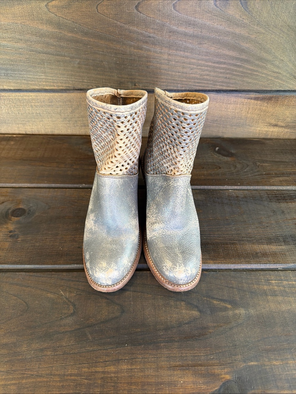 Bed Stu Dutchess Gray Leather Distressed Wedge Booties Women Size 7.5